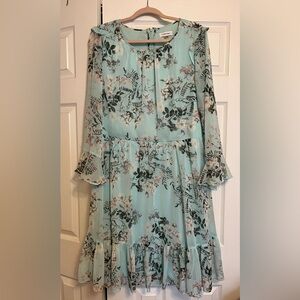 Calvin Klein Ruffled Chiffon A-Line Size 16 Long Sleeve Mint Green Floral Ruffle